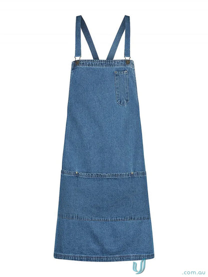 Blue denim apron dress with reinforced metal rivets and metal dungaree clip details