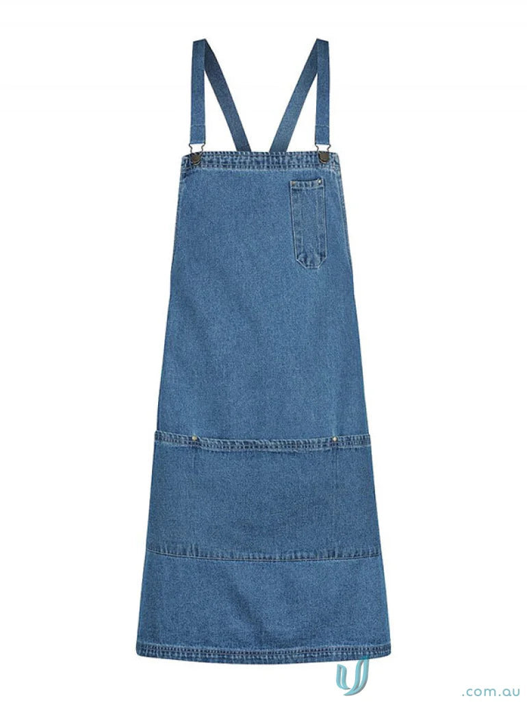 Blue denim apron dress with reinforced metal rivets and metal dungaree clip details