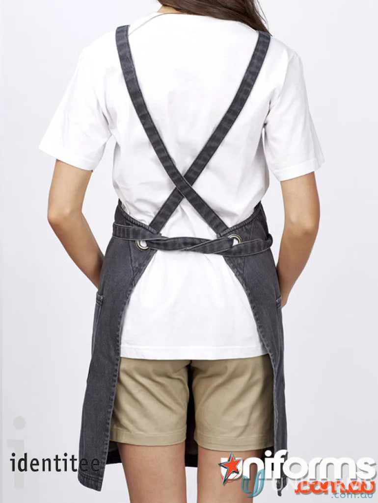Dark gray denim Louie Stonewash Apron with reinforced metal rivets and metal dungaree clip