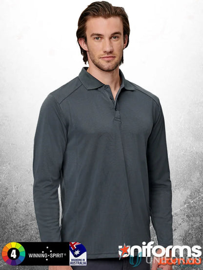 Lucky Bamboo LS Polo in dark gray with bamboo charcoal interlock fabric and visible shoulder stitching