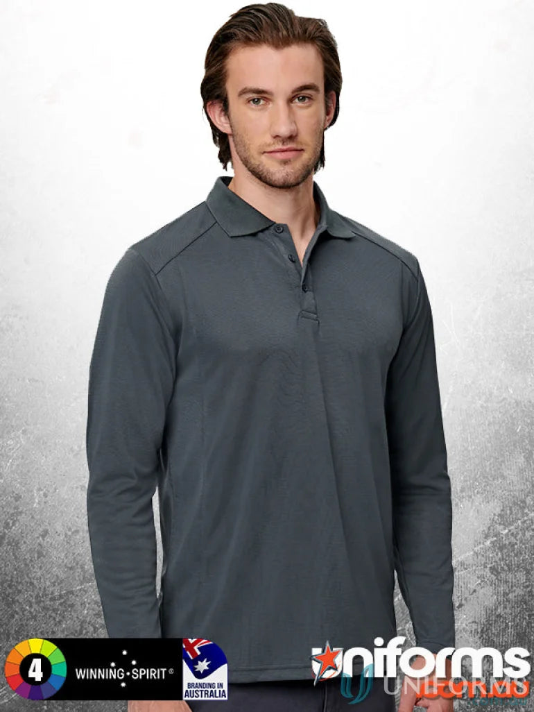 Lucky Bamboo LS Polo in dark gray with bamboo charcoal interlock fabric and visible shoulder stitching