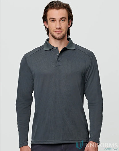 Men’s long sleeve polo shirt in dark gray with bamboo charcoal interlock fabric from Ps89 Lucky