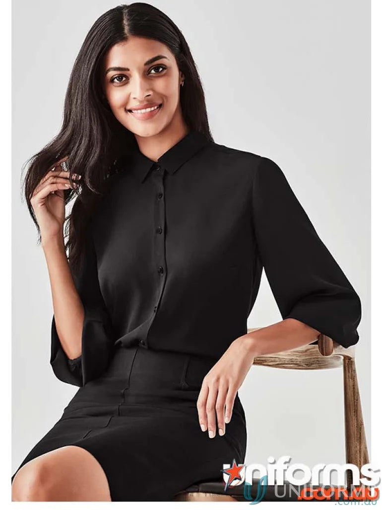 Black button-down blouse and skirt from Biz Collection Lucy RB965LT for ladies