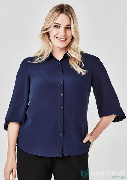 Navy blue button-down blouse ladies RB965LT Biz Collection Lucy short sleeve