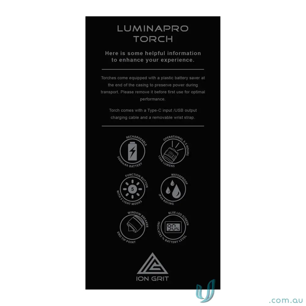 Black box for LuminaPro 15W XHP70 LED Torch with features and instructions included