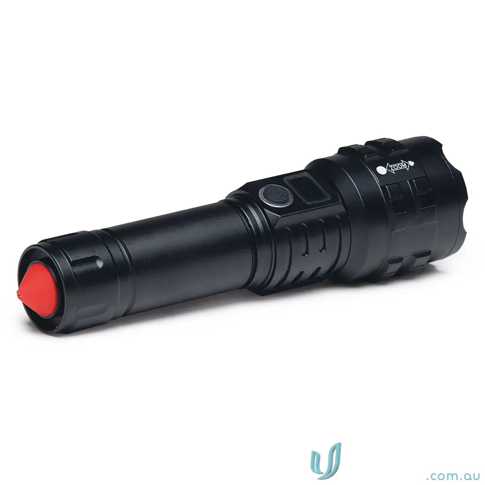 Black tactical flashlight with red tip and controls, LuminaPro 15W XHP70 LED Torch