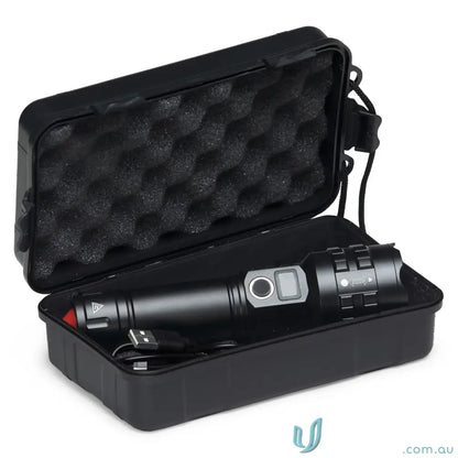 Heavy-duty LuminaPro 15W XHP70 LED Torch with digital display and charging cable