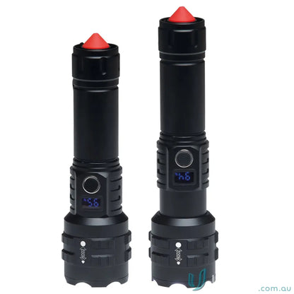 Two LuminaPro flashlights with red tips, digital displays, featuring 15w XHP70 LED tech