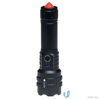 Black LuminaPro Torch with 15w XHP70 LED, adjustable zoom, red emergency hammer tip