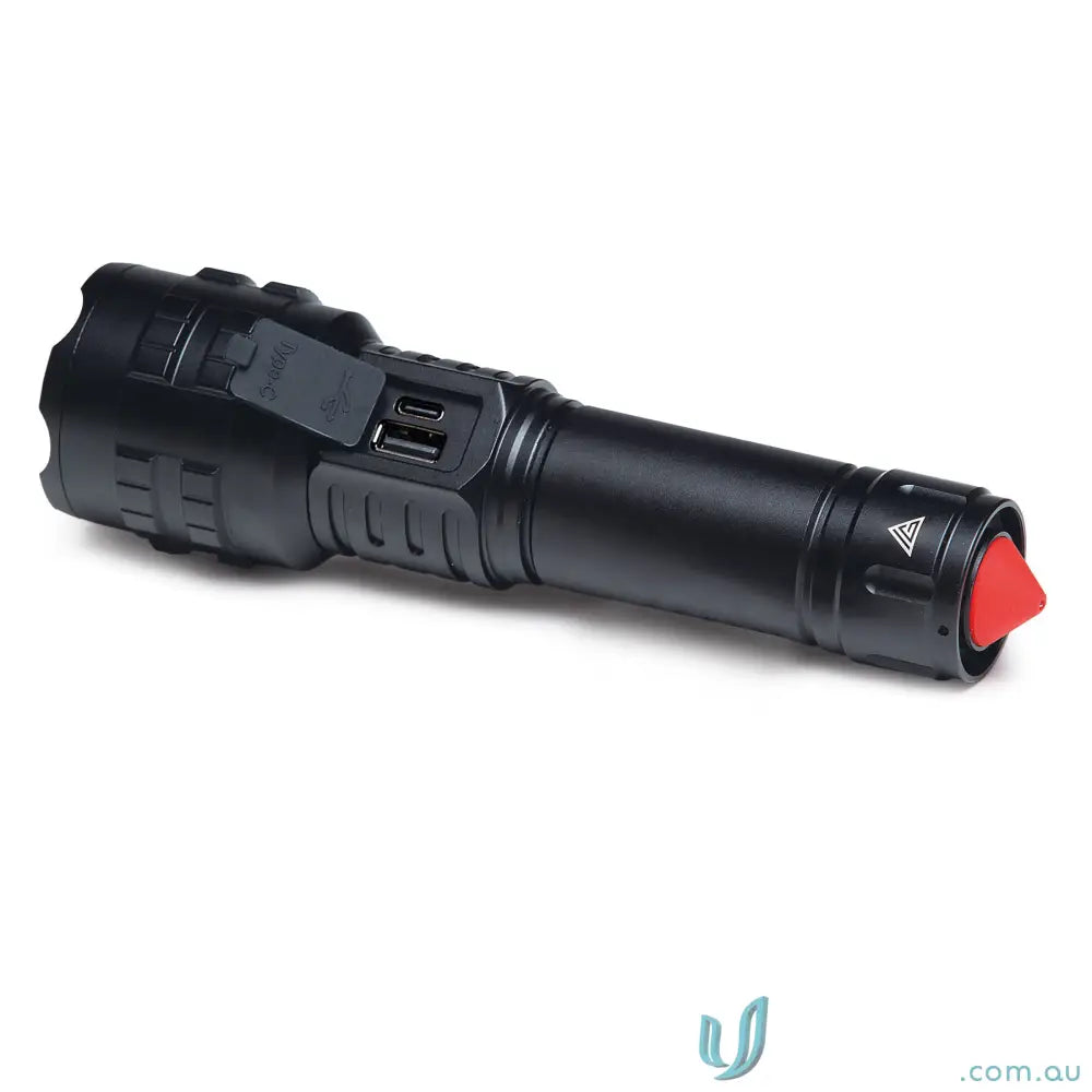 Black LuminaPro Torch with 15w XHP70 LED, USB charging, and red emergency hammer tip