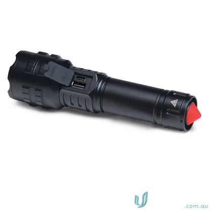 Black LuminaPro Torch with 15w XHP70 LED, USB charging, and red emergency hammer tip