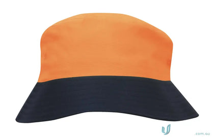 Orange and dark blue Luminescent Safety Bucket Hat for workwear, check our faq link