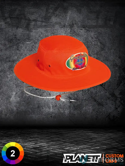 Orange bucket hat with Grenada patch for workwear or uniforms, perfect for faq link