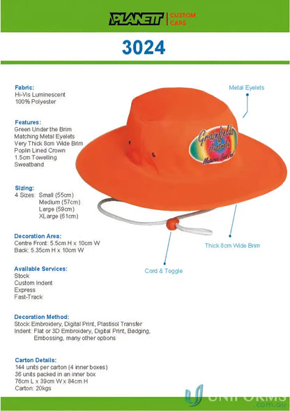 Orange sun hat with adjustable cord from Luminescent Safety Hat, perfect for uniforms and workwear FAQs link included