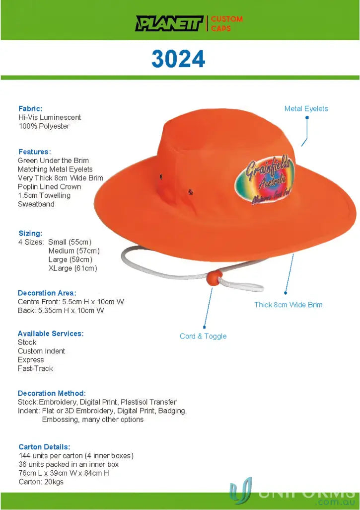 Orange sun hat with adjustable cord from Luminescent Safety Hat, perfect for uniforms and workwear FAQs link included