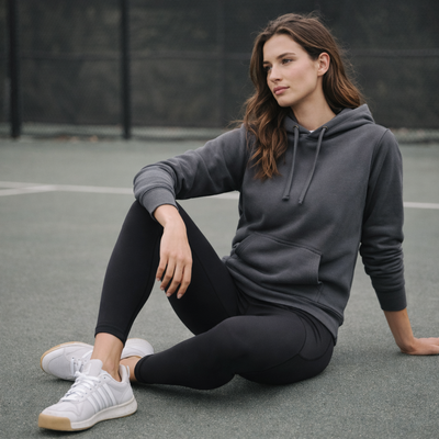 Dark gray hooded sweatshirt with Luna long length legging for active workplaces