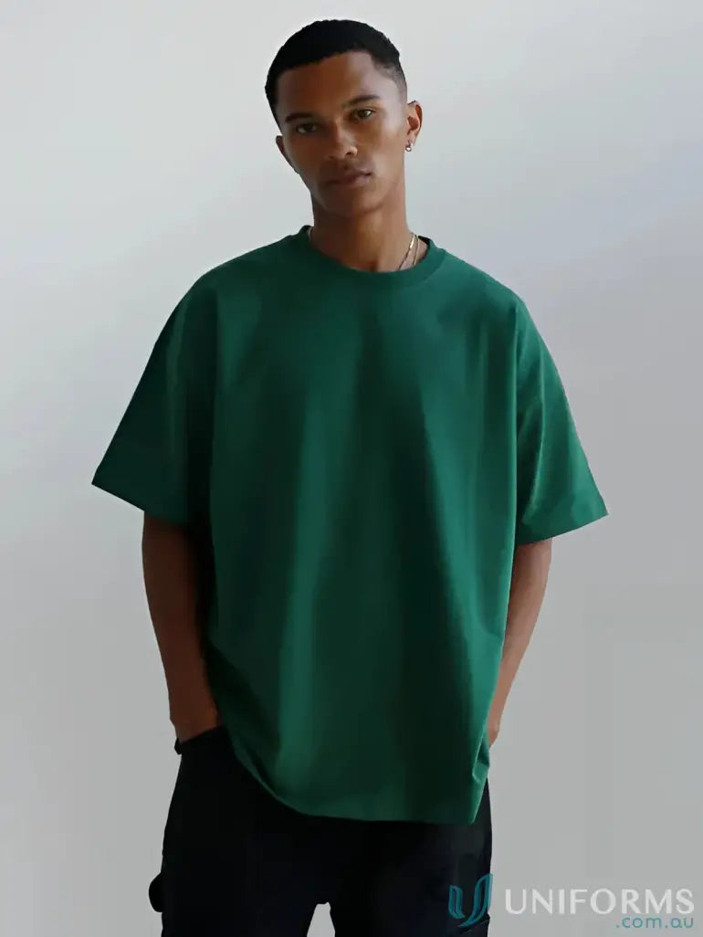 Dark green oversized crew neck t shirt perfect for comfortable workwear and casual work uniforms