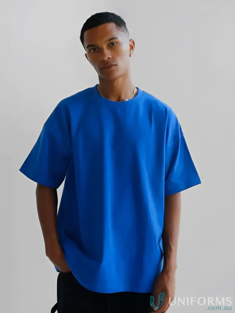 Bright blue oversized cotton luxe tee with crew neck and short sleeves perfect for workwear uniforms