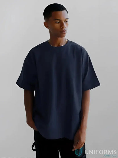 Oversized navy blue Luxe Oversized Tee with comfy fit, perfect for casual uniforms