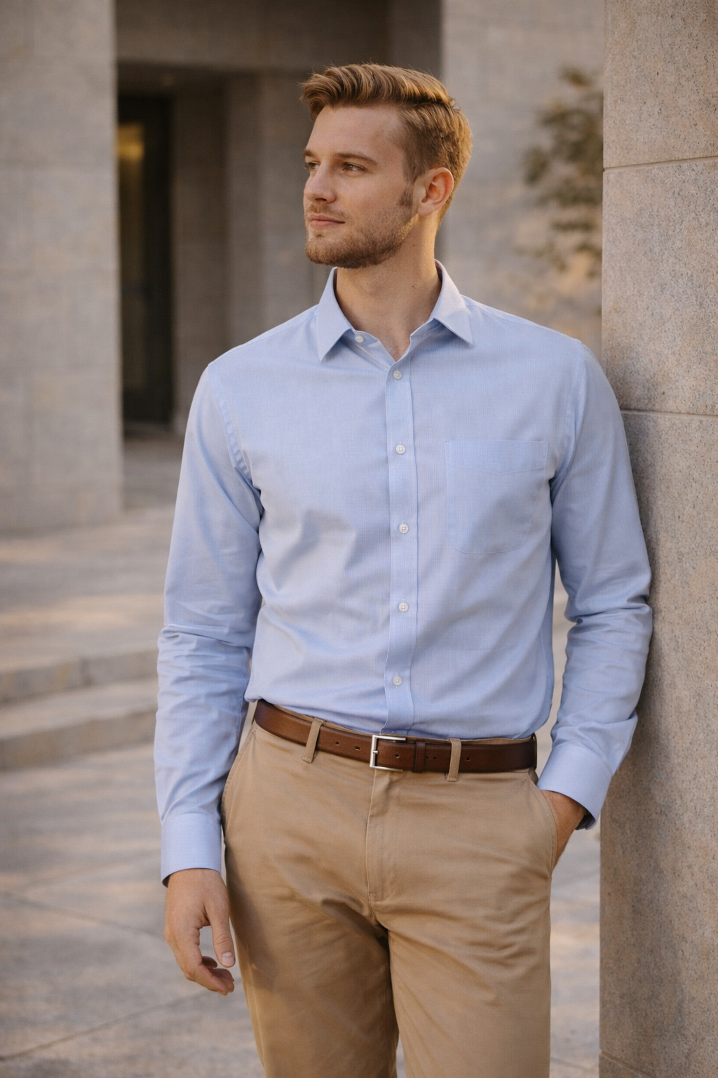 Luxe premium cotton LS shirt in light blue with subtle texture