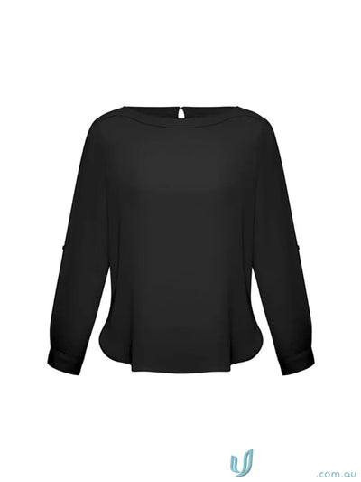 Black womens Madison Boatneck blouse made with finely stitched boatneck and mechanical stretch fabric
