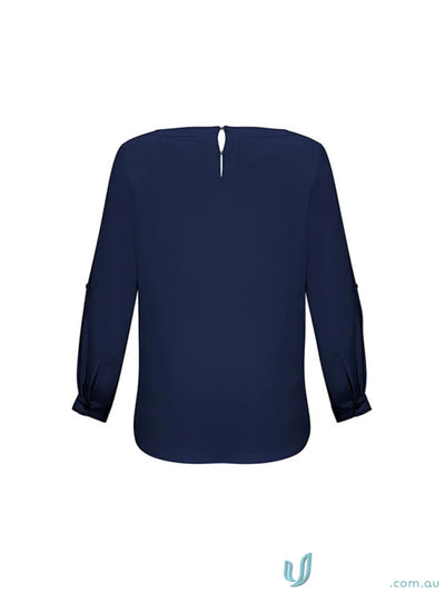 Navy long-sleeved Womens Madison Boatneck blouse made with finely stitched boatneck and mechanical stretch fabric
