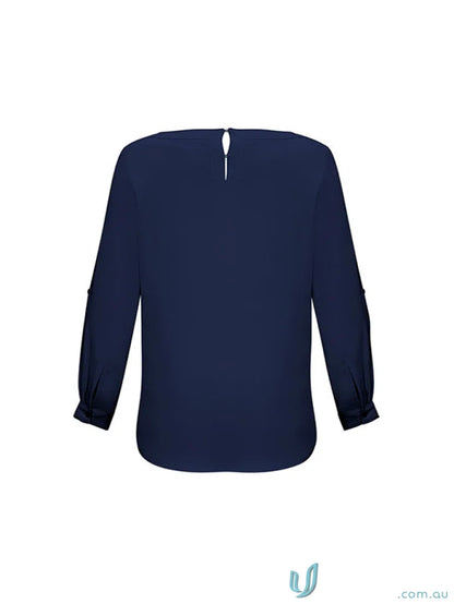 Navy long-sleeved Womens Madison Boatneck blouse made with finely stitched boatneck and mechanical stretch fabric