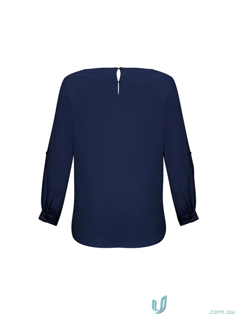 Navy long-sleeved Womens Madison Boatneck blouse made with finely stitched boatneck and mechanical stretch fabric