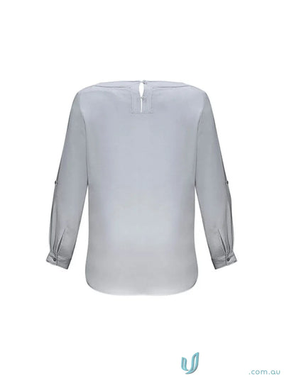 Gray long-sleeved womens Madison Boatneck blouse in finely stitched mechanical stretch fabric