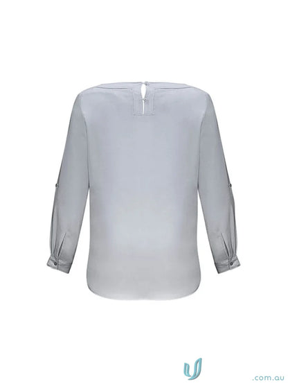 Gray long-sleeved womens Madison Boatneck blouse in finely stitched mechanical stretch fabric