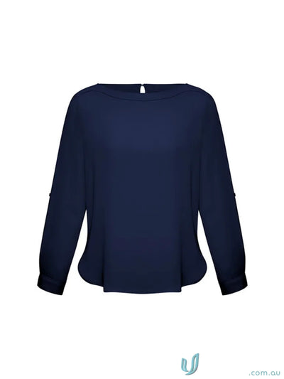 Navy blue womens Madison boatneck blouse in finely stitched mechanical stretch fabric