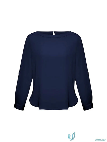 Navy blue womens Madison boatneck blouse in finely stitched mechanical stretch fabric
