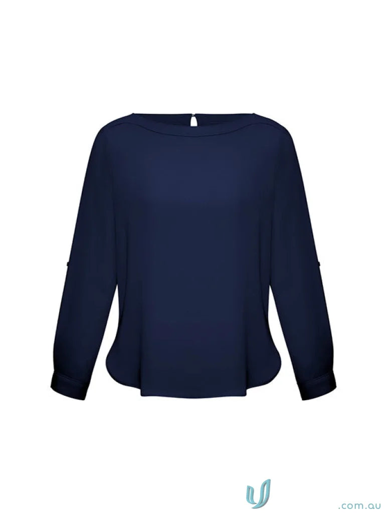 Navy blue womens Madison boatneck blouse in finely stitched mechanical stretch fabric