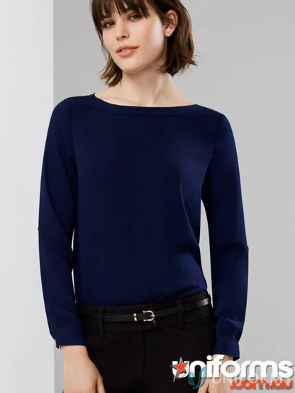 Women’s navy Madison Boatneck Blouse made from finely stitched mechanical stretch fabric