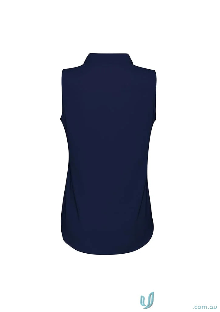 Navy blue madison sleeveless blouse with collar, perfect for professional look