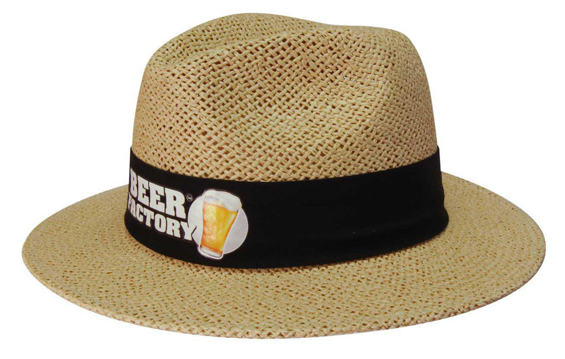 Madrid style string straw beige fedora with beer factory logo imprint