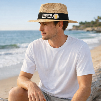 Madrid style string straw fedora with beer factory logo imprint on black band
