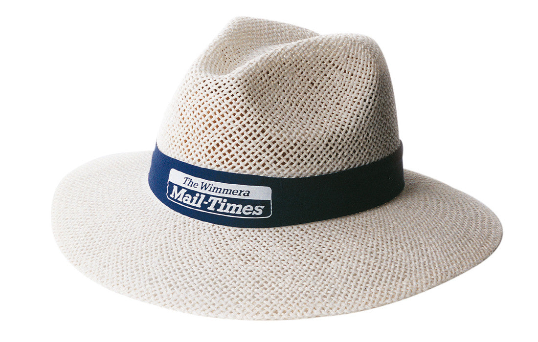 Madrid style string straw beige fedora with navy Wimmera Mail-Times imprint band
