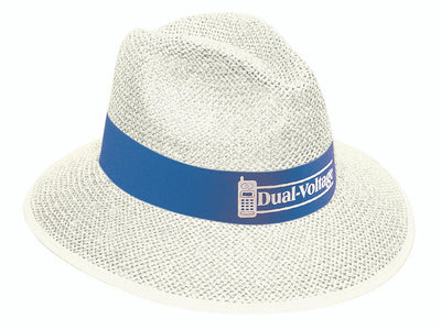 Madrid style string straw white woven fedora with blue dual-voltage imprint band