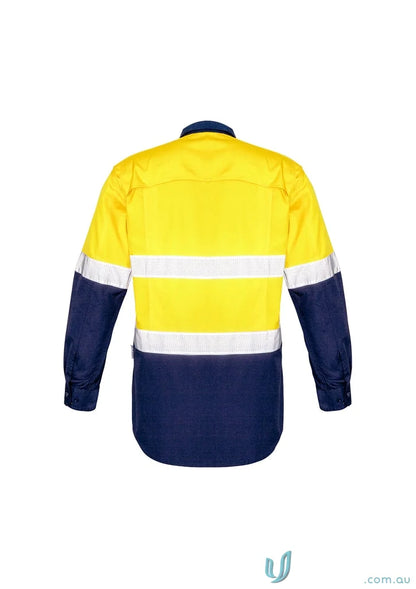Yellow and navy Blue Hi-Vis Work Shirt from MAINTENANCE Rugged Cooling Taped Vis Spliced Shirt