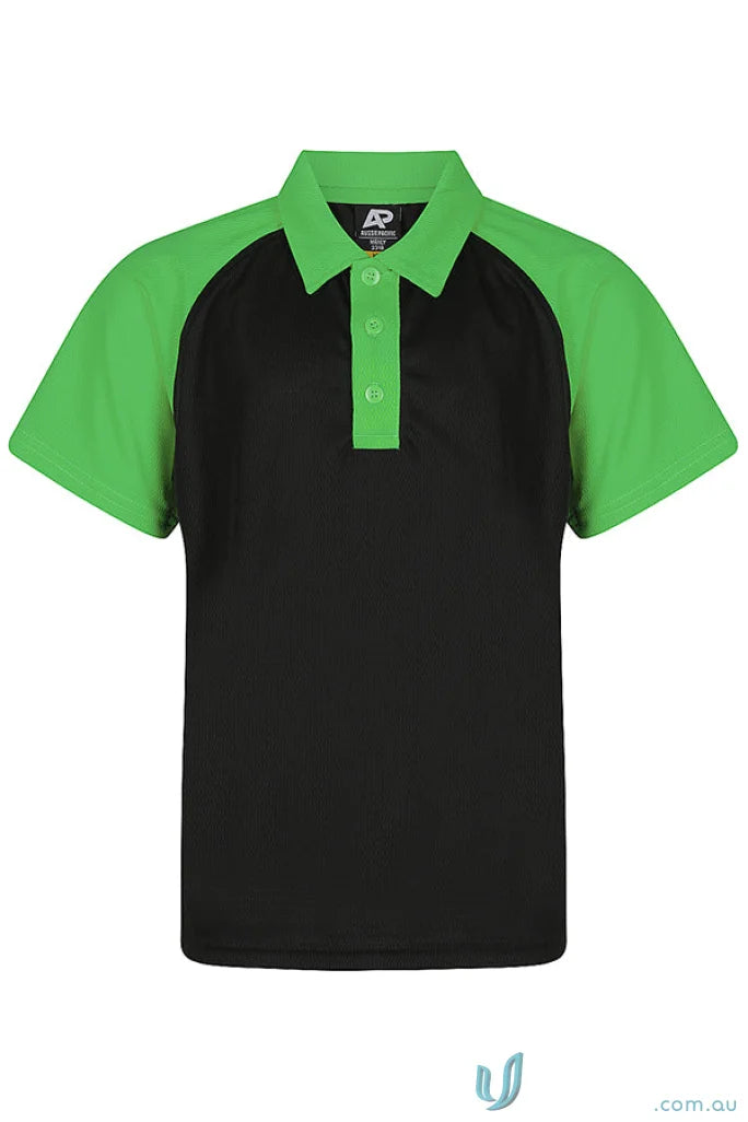 Kids black and green short-sleeved polo shirt with raglan sleeves for uniforms