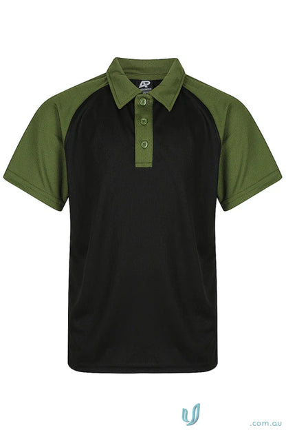 Kids black polo shirt with olive green raglan sleeves, perfect for uniforms and comfy fabric