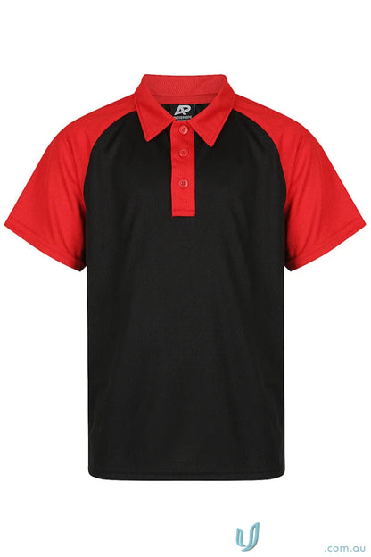 Kids polo shirt in black and red short sleeves with three buttons, perfect for uniforms