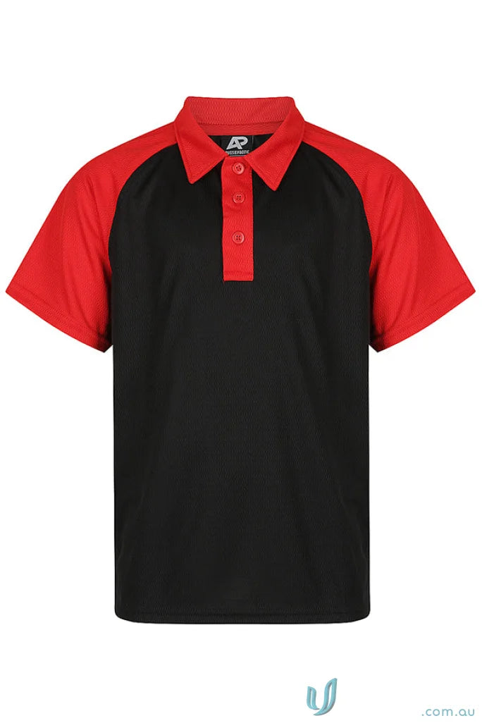 Kids polo shirt in black and red short sleeves with three buttons, perfect for uniforms