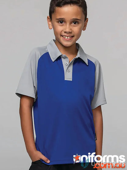 Kids polo shirt with blue fabric and grey raglan sleeves for stylish uniforms