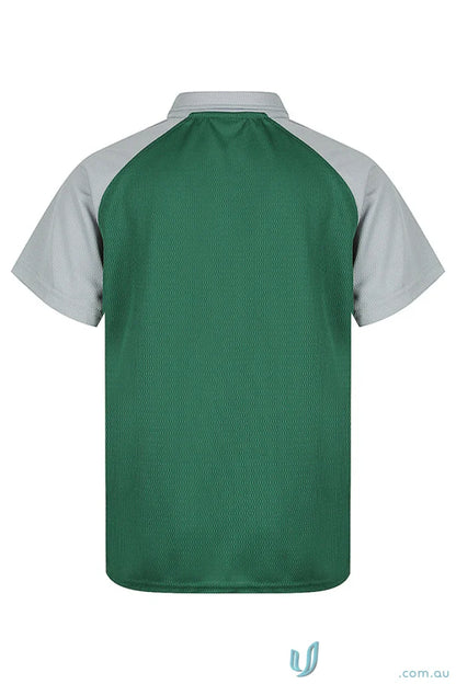 Green kids men’s short-sleeved polo shirt with grey raglan sleeves, perfect for uniforms