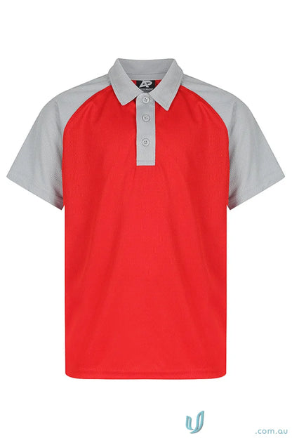 Kids polo shirt with red fabric, gray raglan sleeves, perfect for uniforms