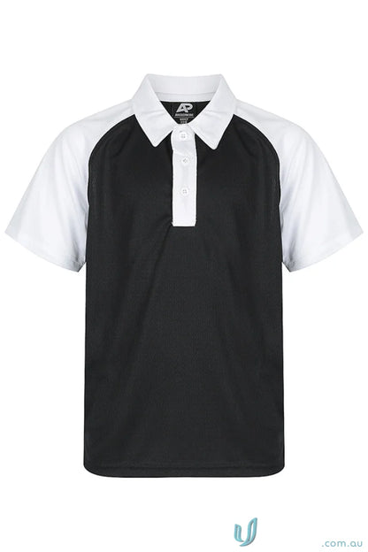 Kids polo shirt with black fabric, white sleeves and collar, perfect for uniforms