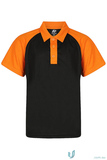Kids polo shirt with black fabric and orange raglan sleeves from Manly Kids Polos