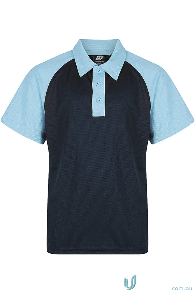 Kids polo shirt with dark blue fabric and light blue raglan sleeves for uniforms